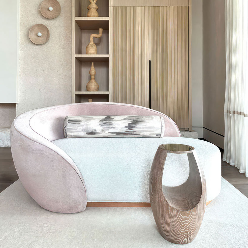 Manalapan ocean front house featuring a Nancy chaise longue upholstered in soft pink and white velvet.