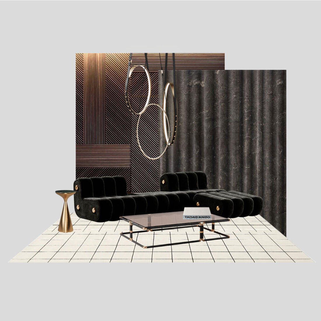 Moodboard featuring the Dakota sofa in black velvet, Dickson center table, Lignum side table, and Missouri pendant lamp.