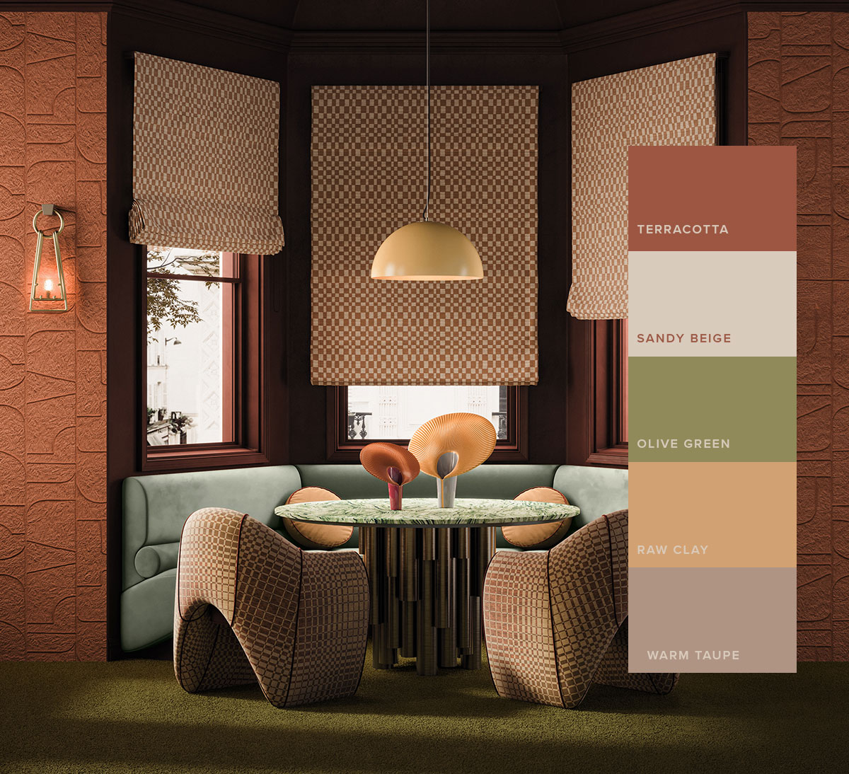 2026 Interior Color Trends 2026 interior color trends showcased in a dining space featuring two Viginti XX dining chairs, a Wanderlust dining table with Verde Guatemala marble top, a yellow Brera suspension lamp, and a lit Baku wall lamp.