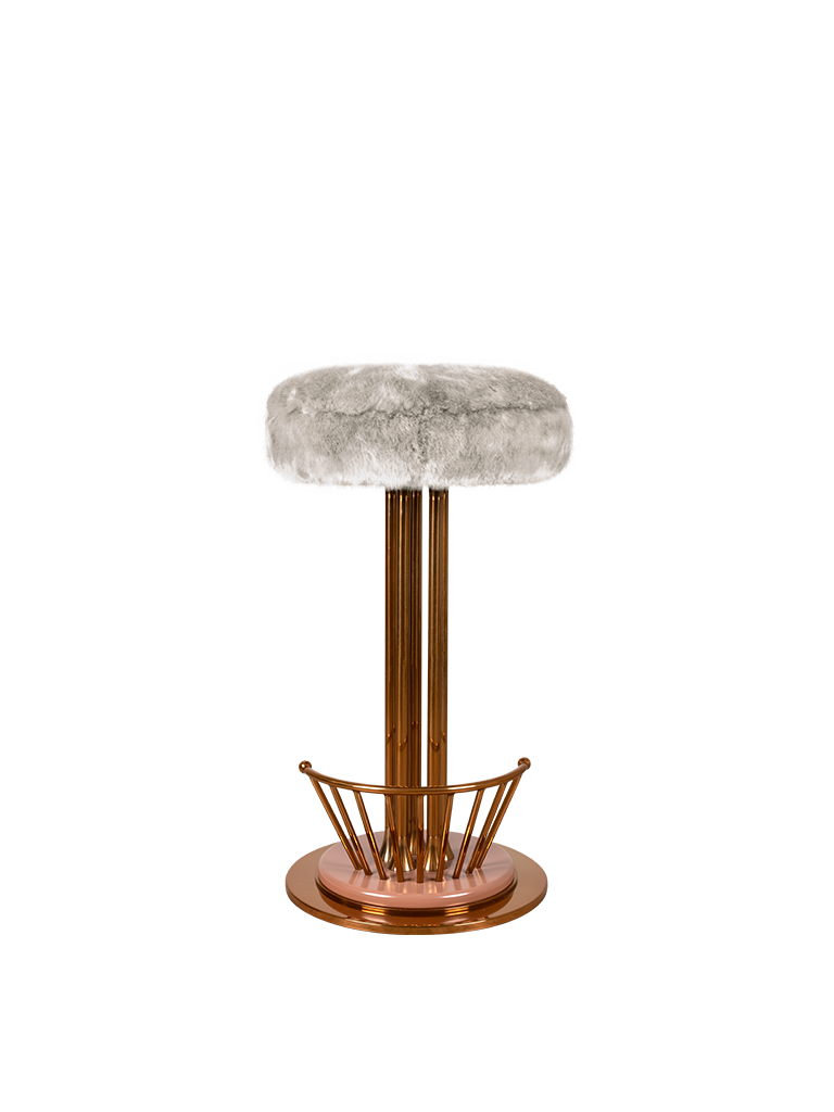Andy Bar Stool upholstered in Fur fabric, with polished copper and lacquered steel legs.
