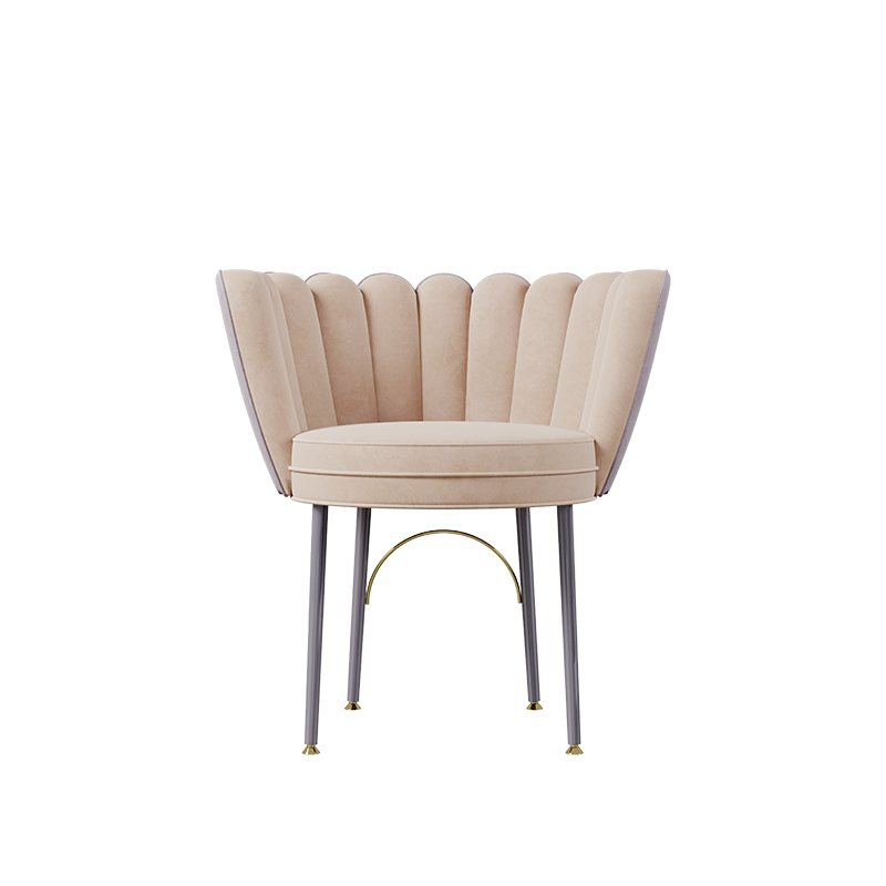 Angel dining chair wrapped in beige fabric, with lacquered legs and elegant brass accents.