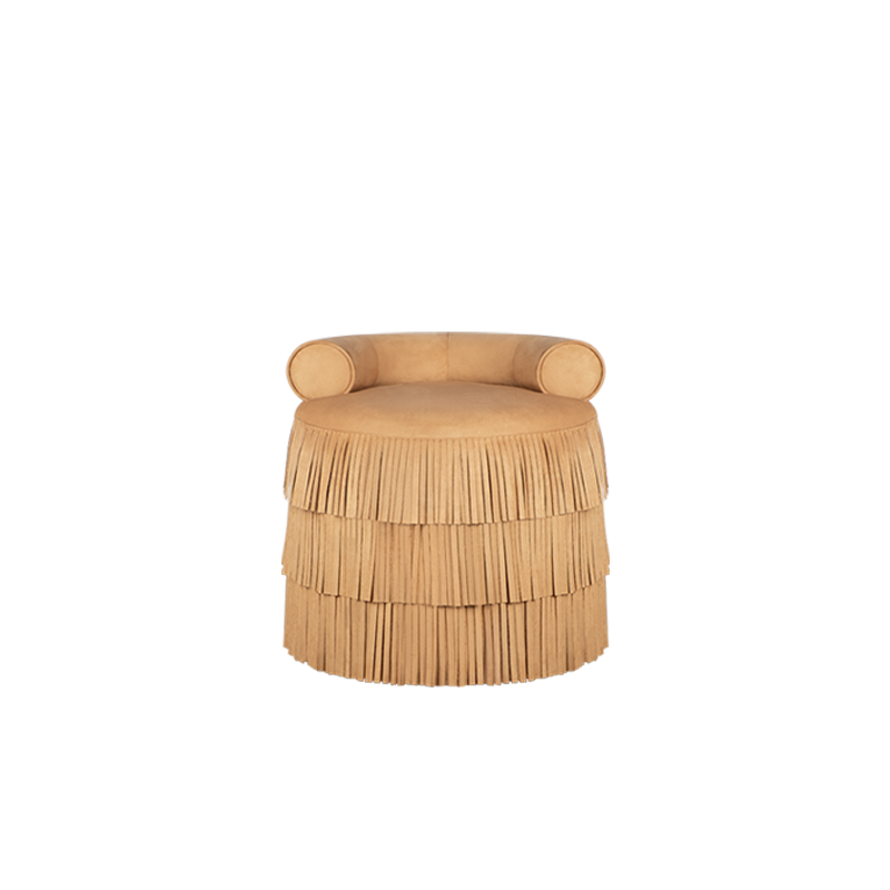 Beth stool upholstered in clay-toned fabric, accented with elegant fringes.