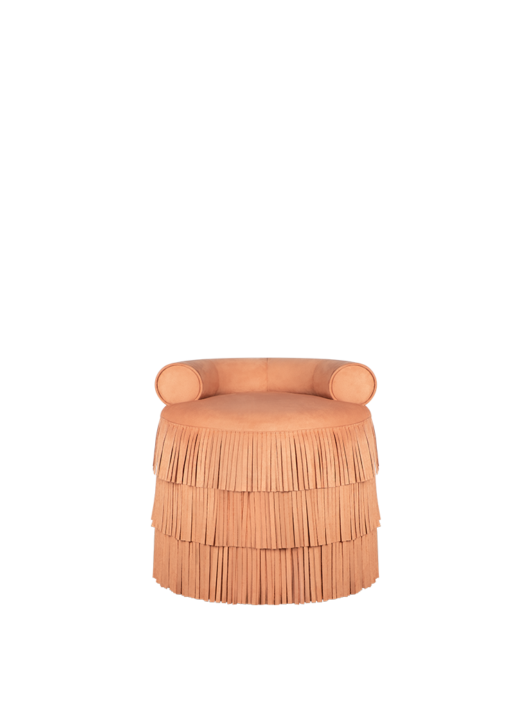 Beth Stool featuring Nobuck fabric and fringed details.