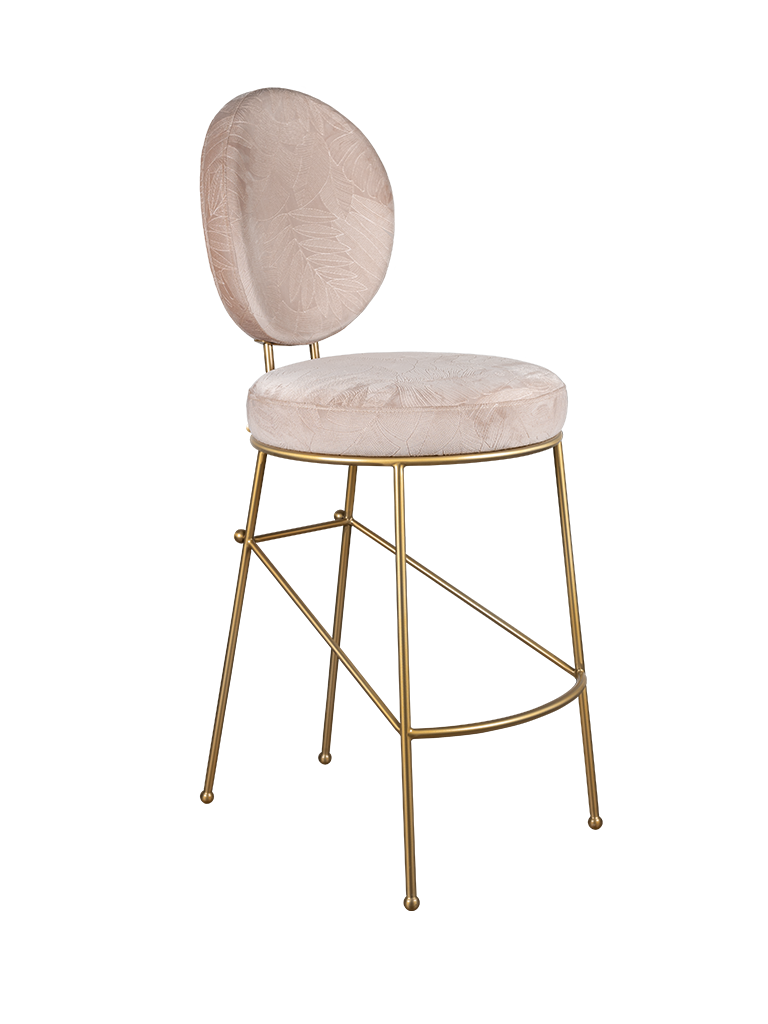 Brigid Bar Chair featuring CASTELLET 4886 02 17 fabric by Camengo and LIERNA 4976 05 21 by Casamance, with a brushed stainless steel finish in matte gold.