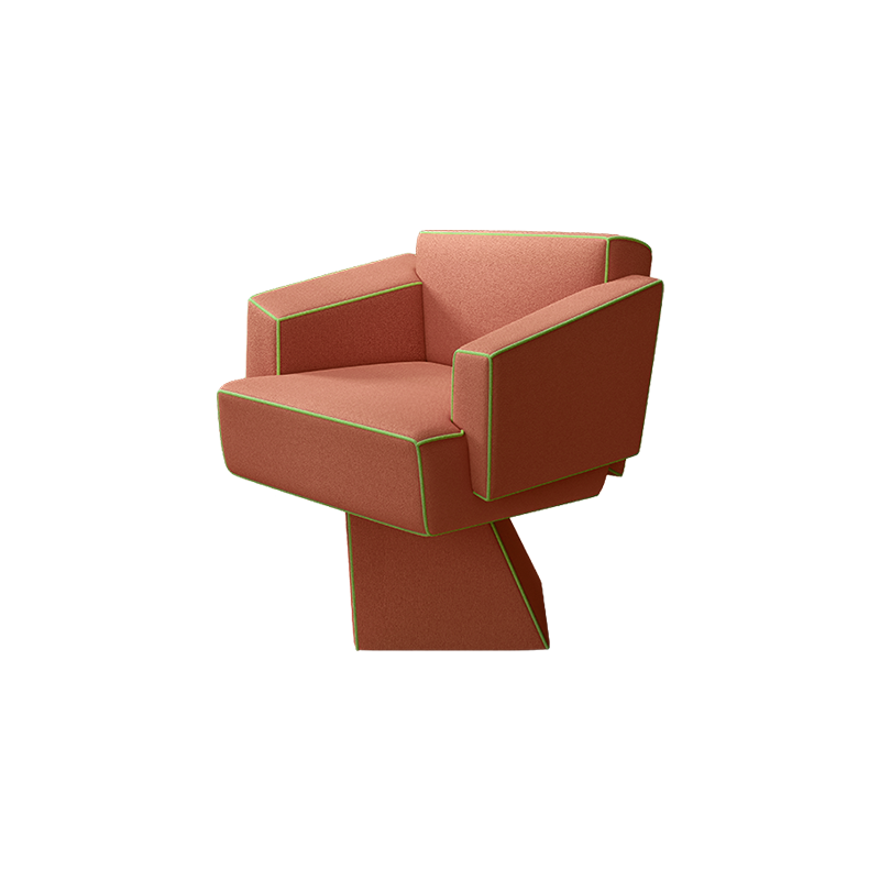 Bru Tel dining chair upholstered in terracotta velvet, paired with green piping.