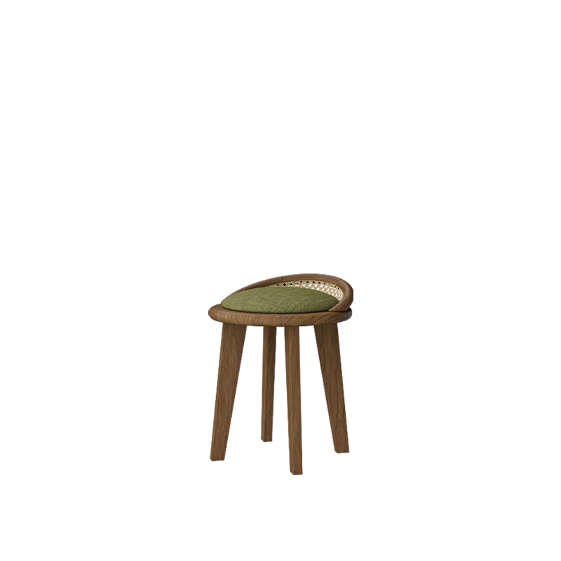 Brummell dining stool upholstered in olive fabric, featuring smoked walnut wood legs and a natural rattan backrest.