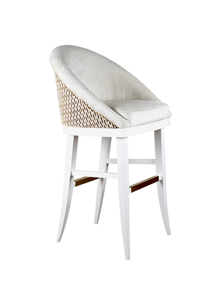 Kim Bar Chair featuring Paris – Vienne M2449 01 fabric by Casamance and LORIS01 by Davis, with a structure in white lacquered wood.