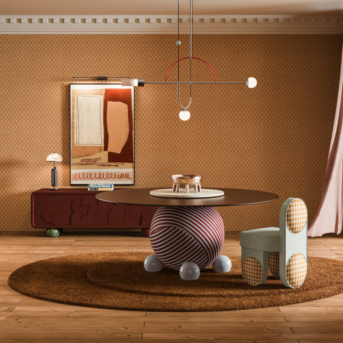 Circulus dining table set in a clay-colored dining room, complemented by Fyoo Cher dining chairs, a Mon Ooh sideboard, and illuminated by a Tortona suspension lamp.