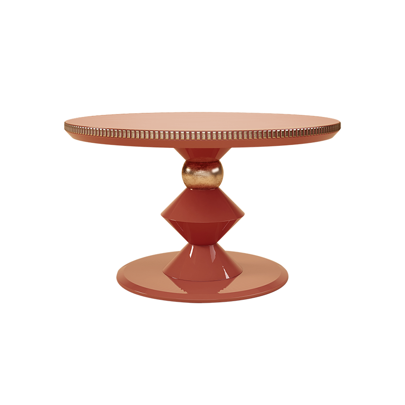 Cortez dining table lacquered in terracotta with a high-gloss varnish and gold leaf-coated adornments.