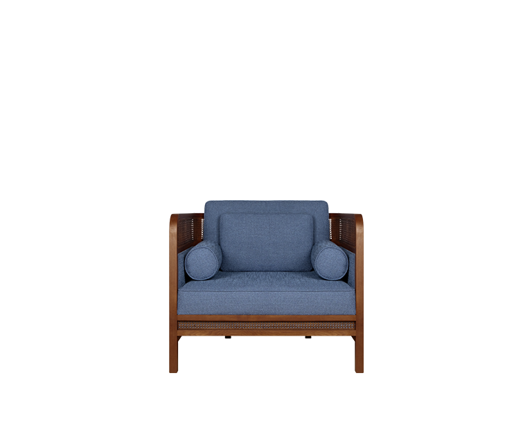 Crockford armchair featuring smoked walnut wood, linen, and rattan.