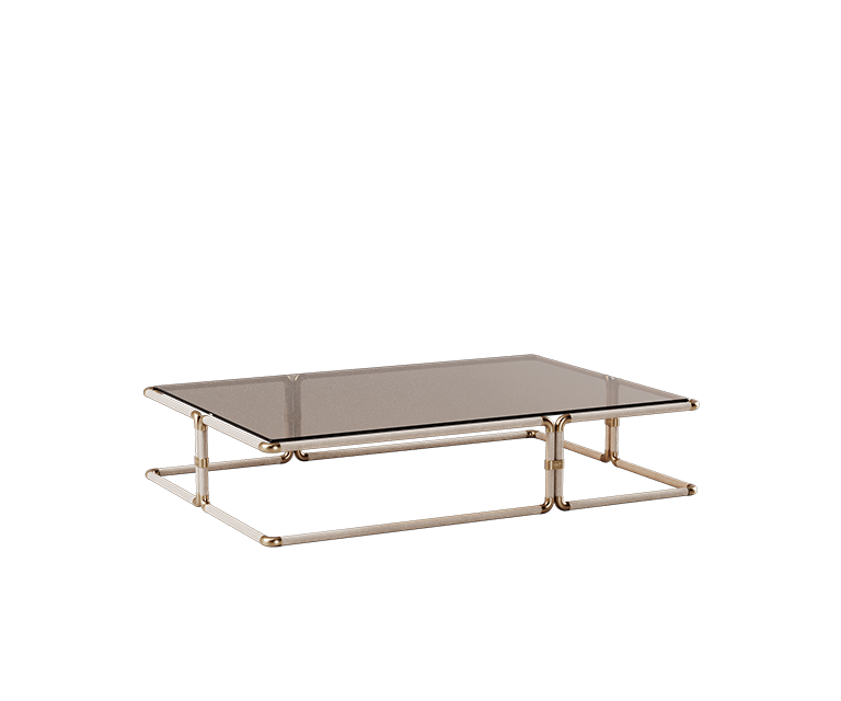 Dickson center table in stainless steel wrapped in leather, featuring aged brushed brass details and bronze glass.