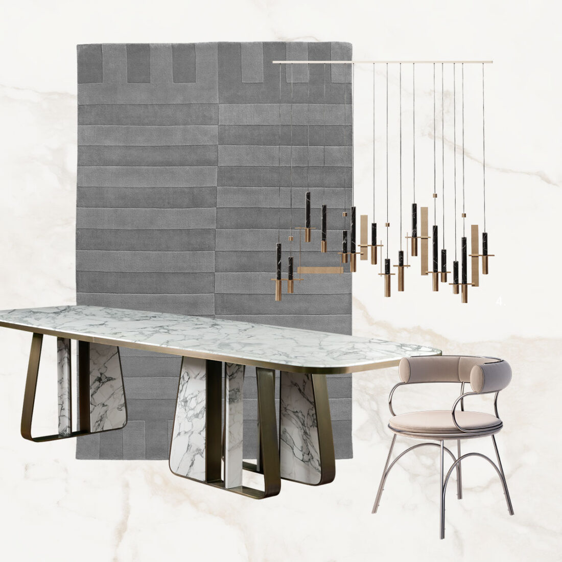 Dining room moodboard featuring Kenai dining table in marble, Austin dining chair and portland suspension lamp