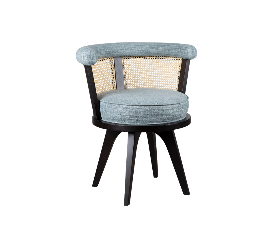 George Dining Chair upholstered in blue linen, with a black-stained ashwood structure and natural rattan detailing.
