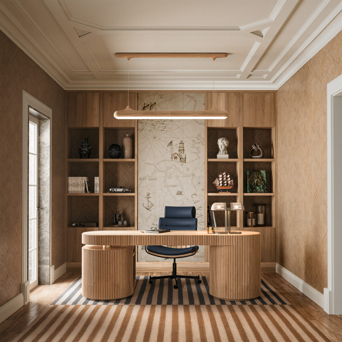Gifford oak desk set in a clay-colored home office, accompanied by a Bruce suspension lamp and a Thomas II office chair for a sophisticated workspace.