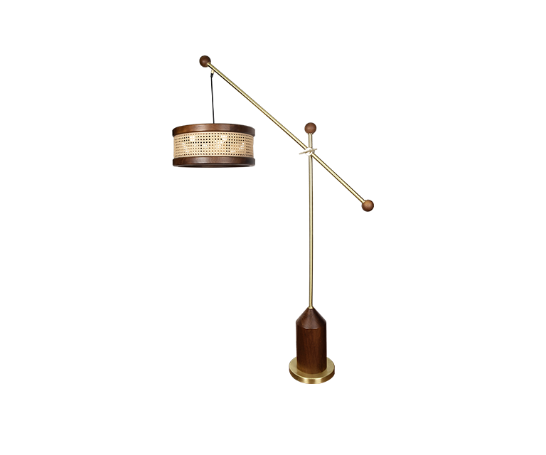 Hamilton floor lamp featuring smoked walnut wood, natural rattan, and brushed brass.