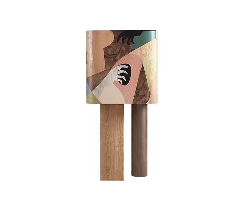 Ih Maj In Cabinet featuring colorful marquetry work and wooden legs.