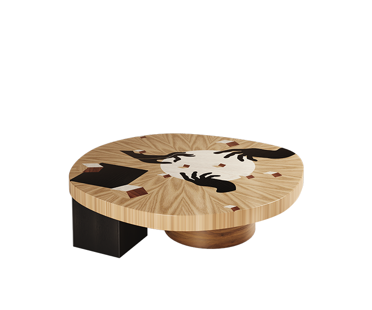 In Vij En Center Table featuring marquetry work in wood with artistic drawings.