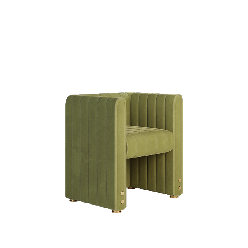 Inglewood dining chair upholstered in olive nubuck, enriched with brass accents.