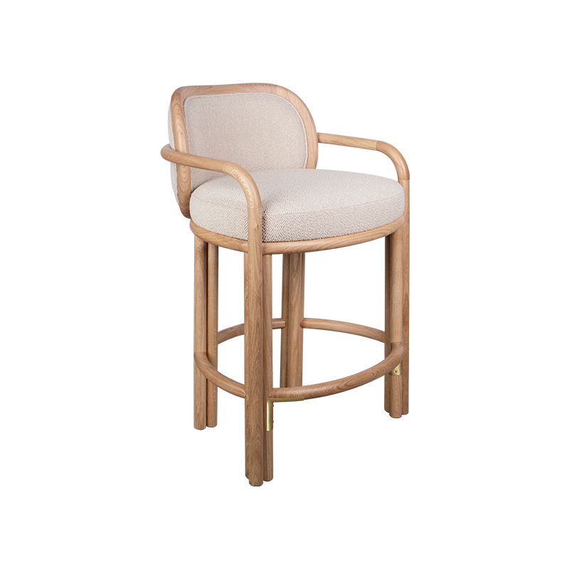 James bar chair with beige fabric and a natural oak structure.