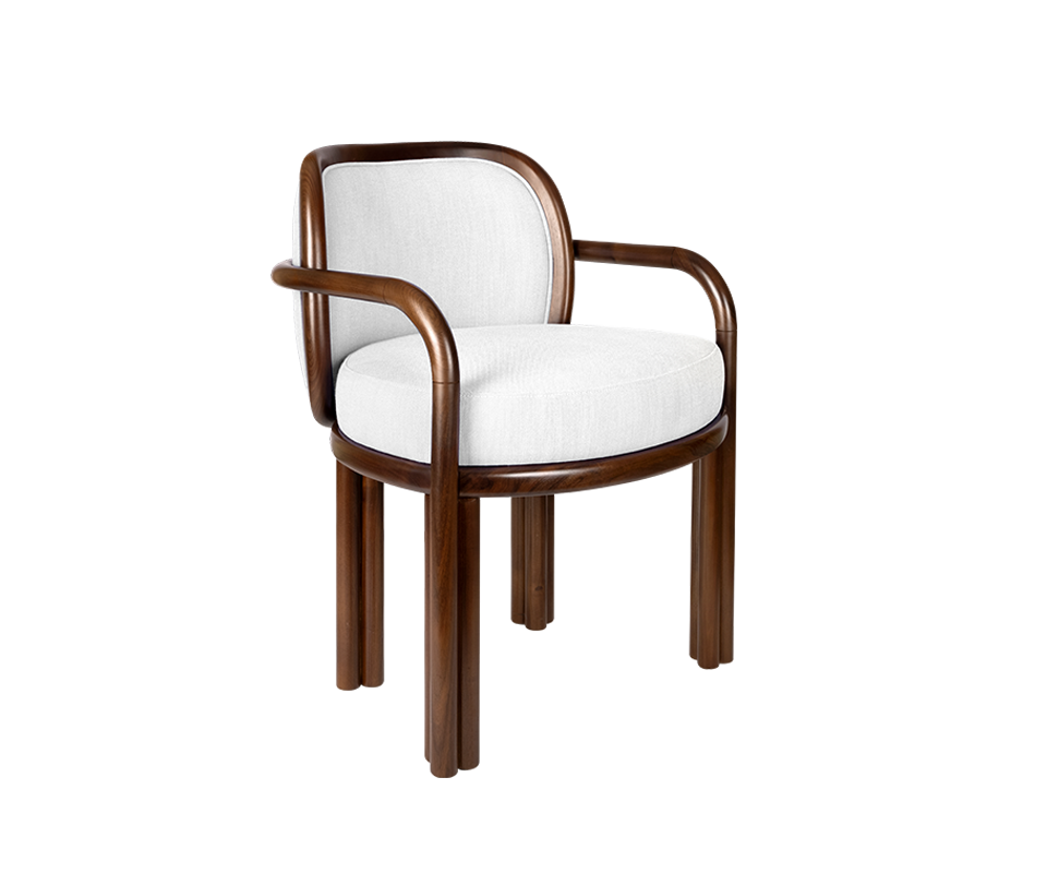 James Dining Chair featuring a smoked walnut structure and white fabric upholstery.