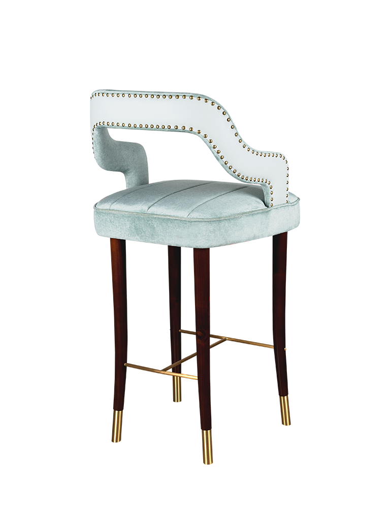 Kelly Bar Chair featuring Laguna – Emerald 08640 fabric by Elastron and Lazuli Celadon 4992 12 20 by Casamance, with a structure in smoked walnut wood and brushed brass.