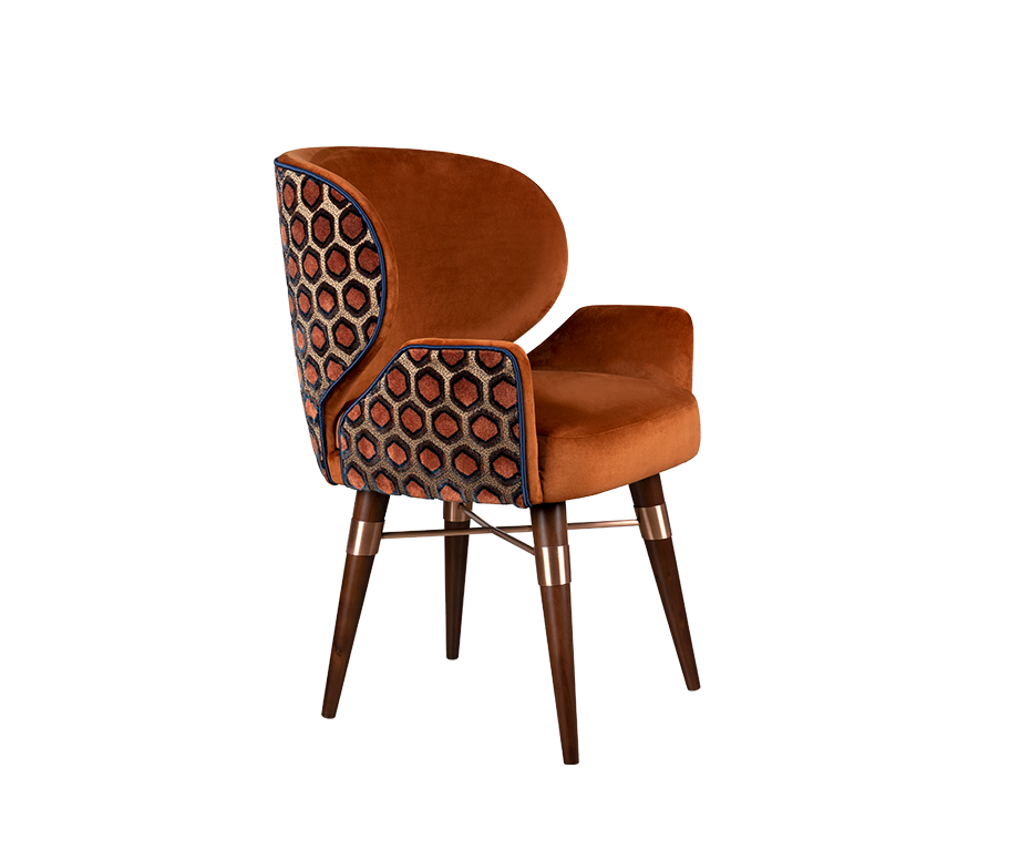 Louis I Dining Chair upholstered in L’Imperiale M255 4 by Misia, with a structure in smoked walnut wood and brushed copper details.
