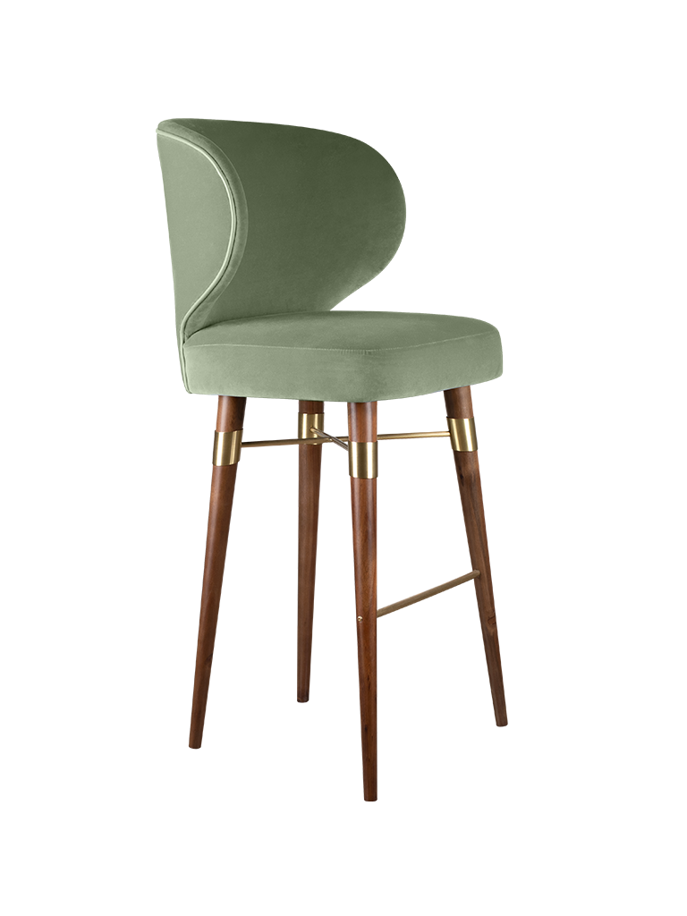 Louis Bar Chair featuring green velvet upholstery, brushed brass details, and smoked walnut wood legs.