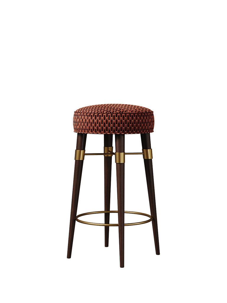 Louis Bar Stool featuring an orange upholstered seat, smoked walnut wood, and brushed brass details.