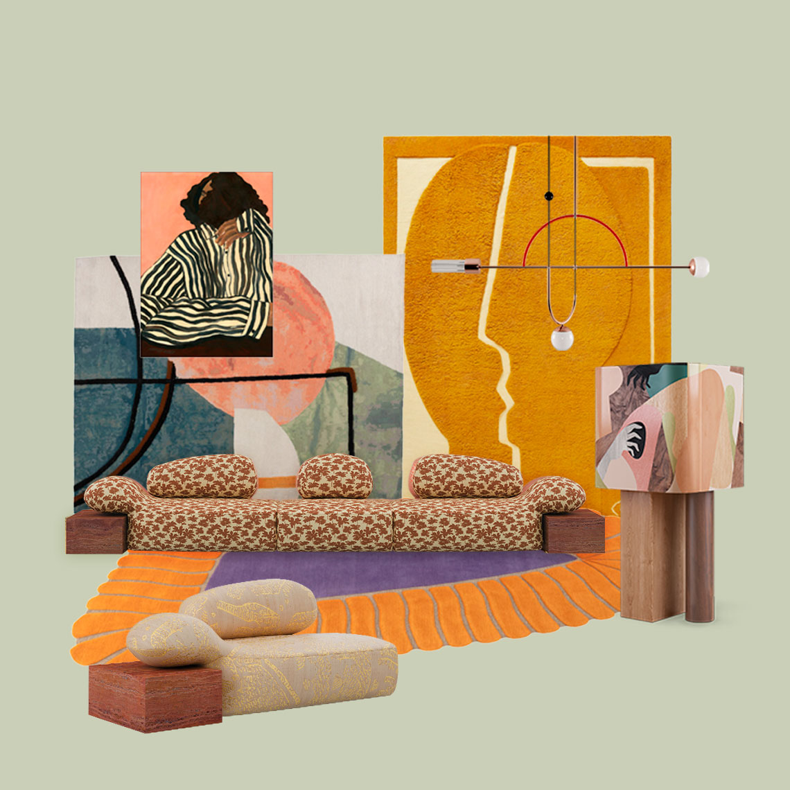 Moodboard featuring the Ih Maj In Cabinet, Viv Id II Sofa upholstered in Dedar fabric, Viv Id Chaise Longue in Tiger fabric by Dedar, and the Tortona Suspension Lamp. The images showcase bold colors including orange, purple, green, blue, and pink. 4 sofas
