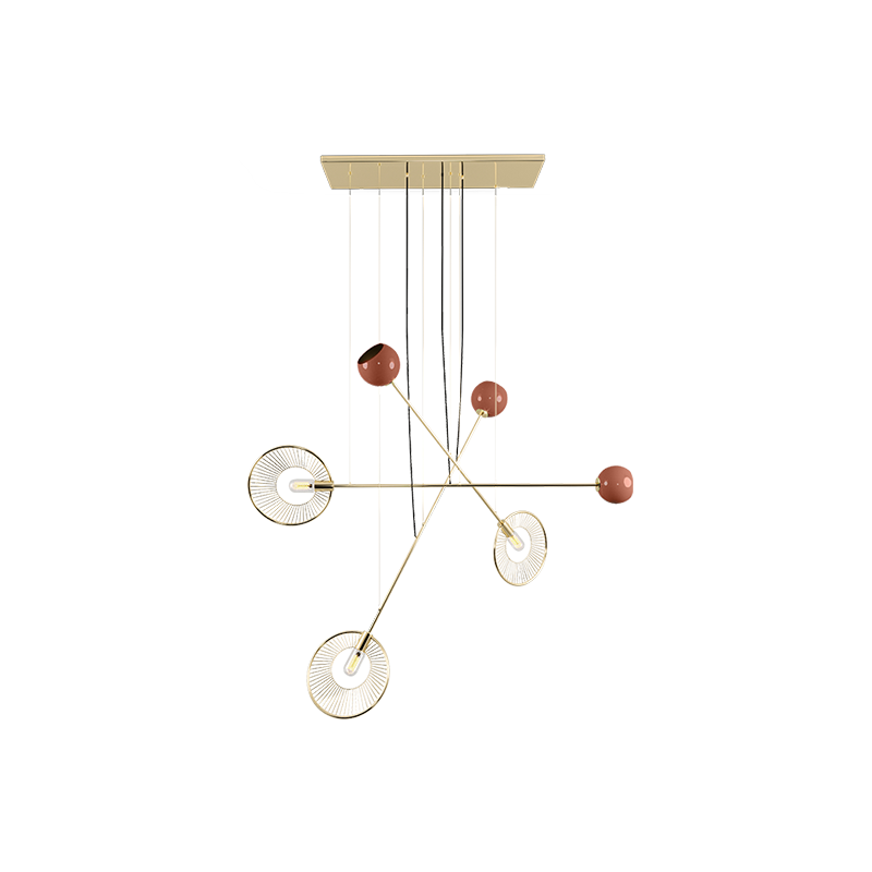 Melrose suspension lamp in a terracotta lacquer finish, elegantly supported by a polished brass structure.