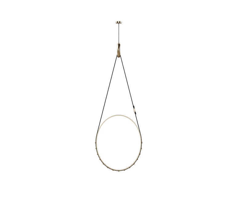 Missouri pendant lamp with a structure in aged brushed brass, featuring leather details.