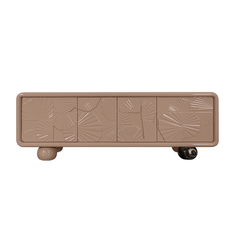 Mon Ooh sideboard lacquered in warm taupe, elegantly supported by a single black marble foot.