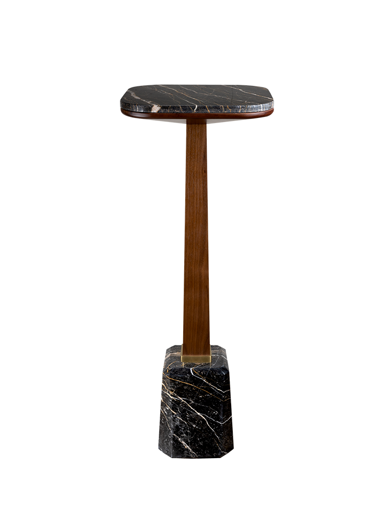 Oakland Bar Table in Black Gold marble and walnut wood.