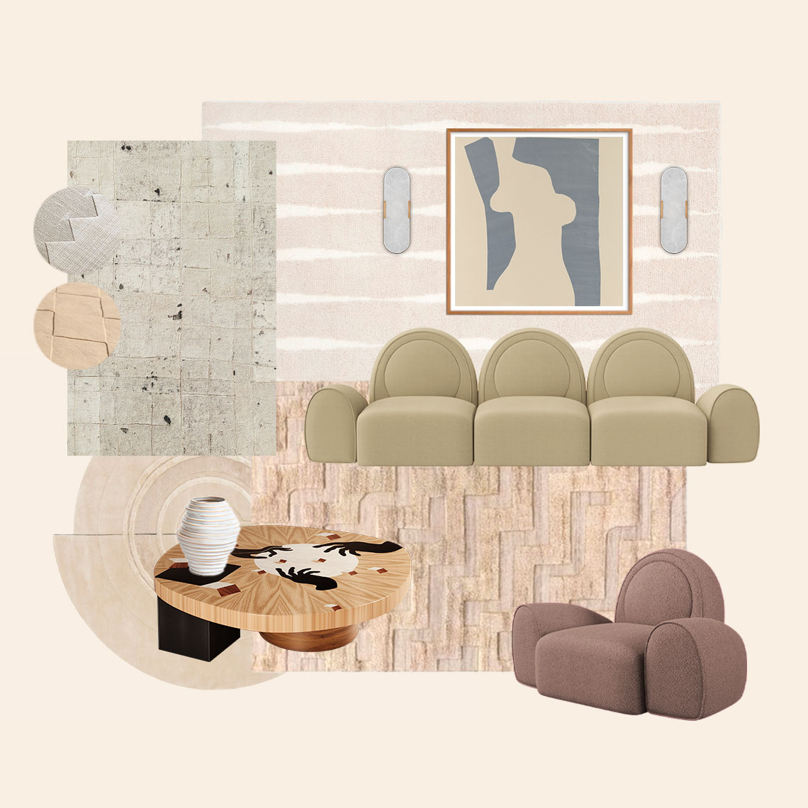 Moodboard with pastel colors featuring the Simone modular sofa, Simone armchair, In Vij En center table, and Dahlia wall lamp.