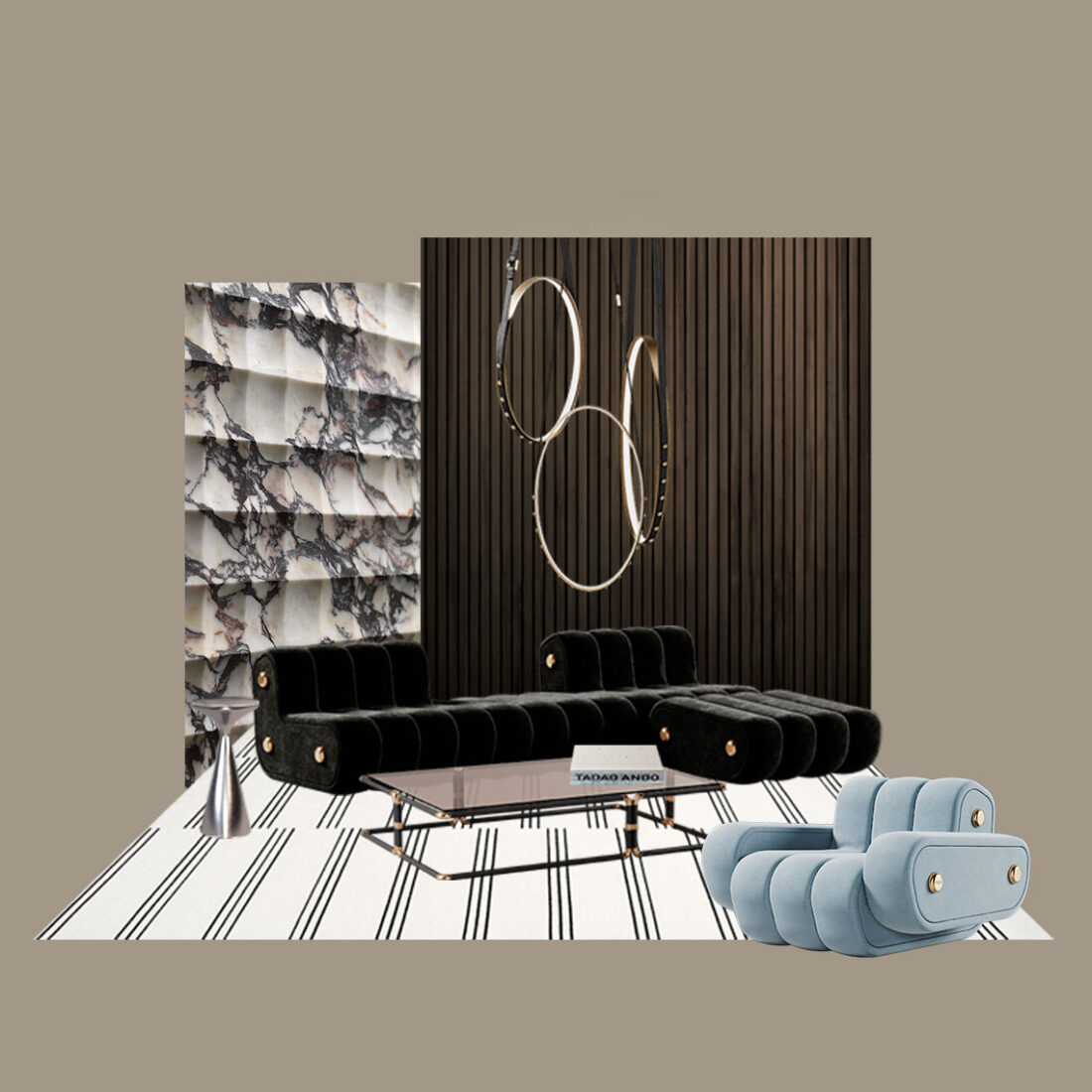 Moodboard featuring the Dakota sofa in black velvet, Dickson center table, Lignum side table, and Missouri pendant lamp.
