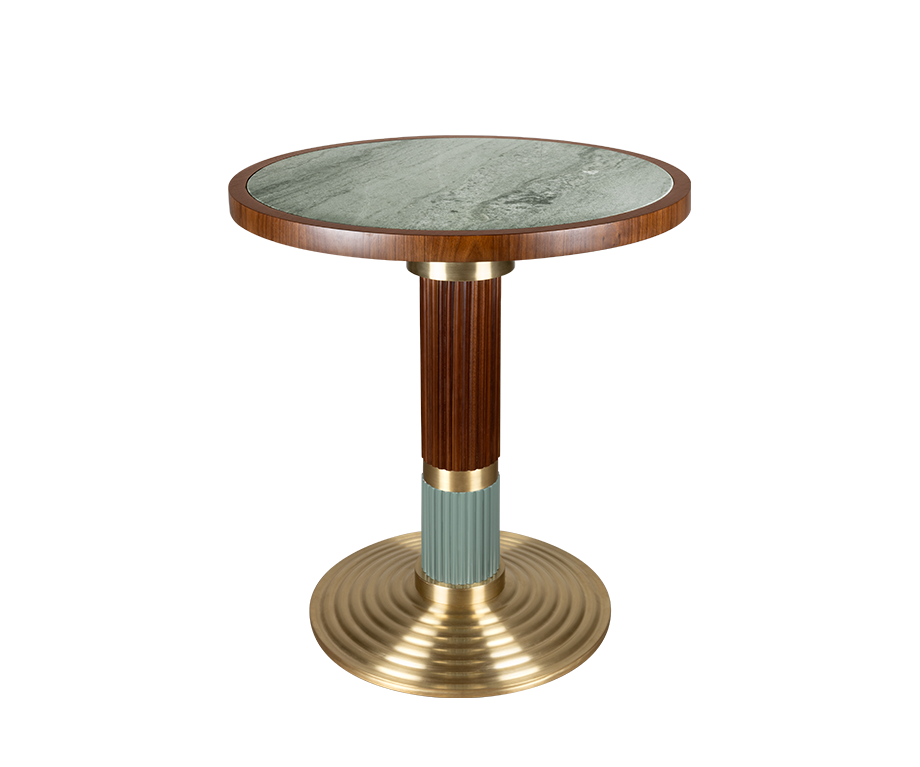 Queens Dining Table featuring smoked walnut wood, brushed brass and lacquered wood details, and a Viana Green marble tabletop.