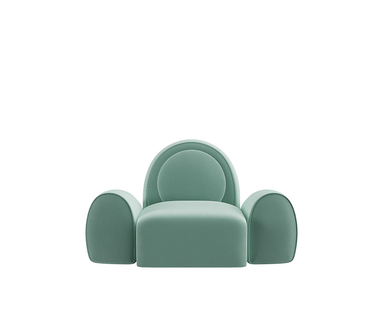 Simone modular armchair upholstered in turquoise velvet.