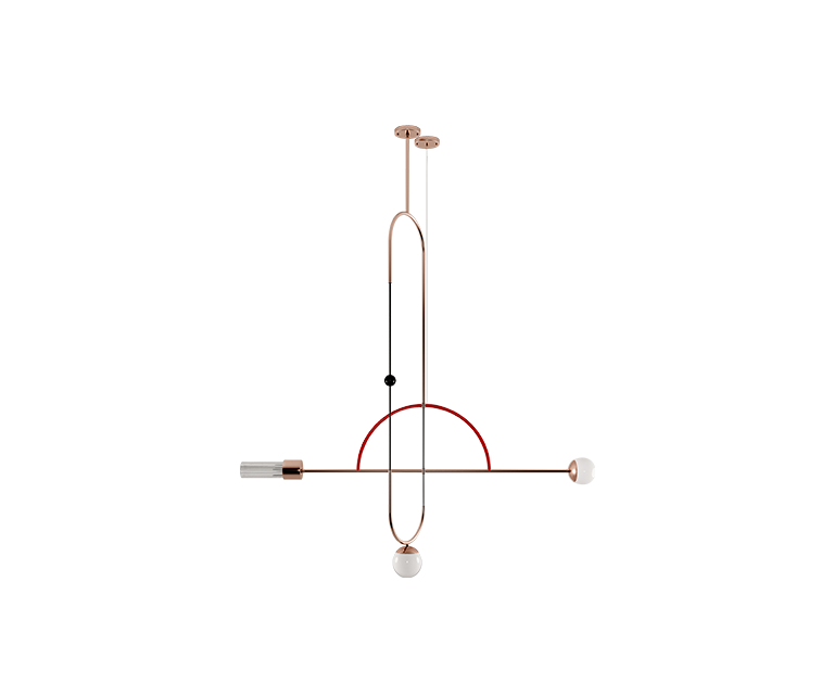 Tortona Suspension Lamp made of copper-colored brass with a red wire.