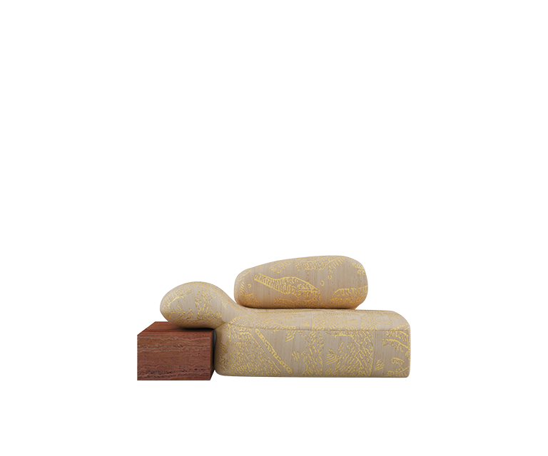 Viv Id Chaise Longue upholstered in Dedar fabric with yellow highlights and Travertino Rosso