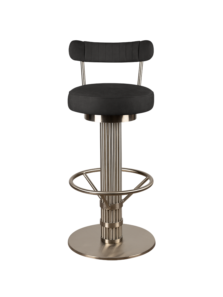 Willis Bar Chair upholstered in black Nobuck Premium leather and structured in brushed steel with a gold finish.