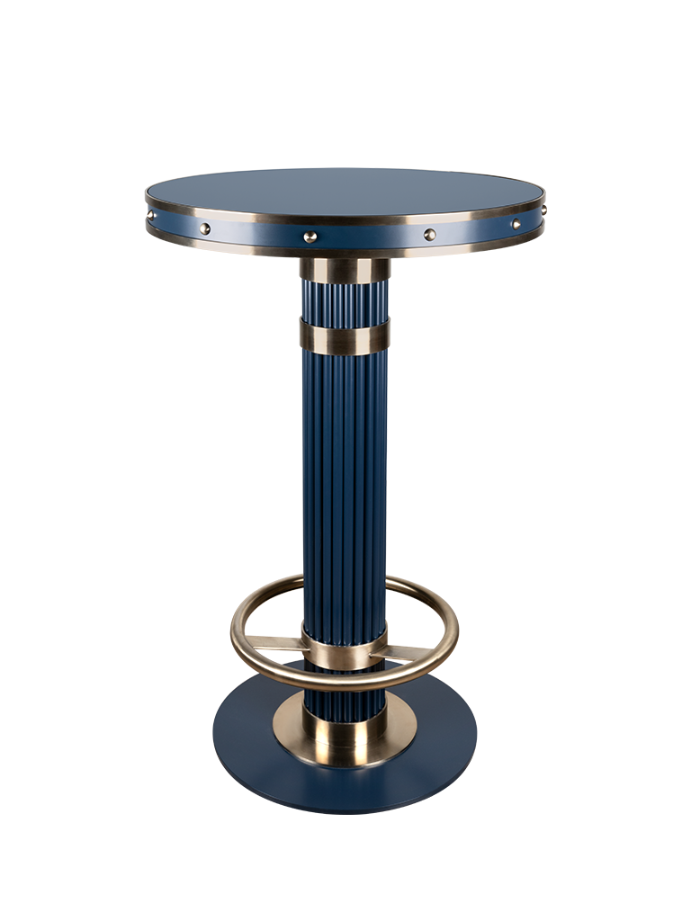 Willis Bar Table featuring blue lacquered wood and brass details.