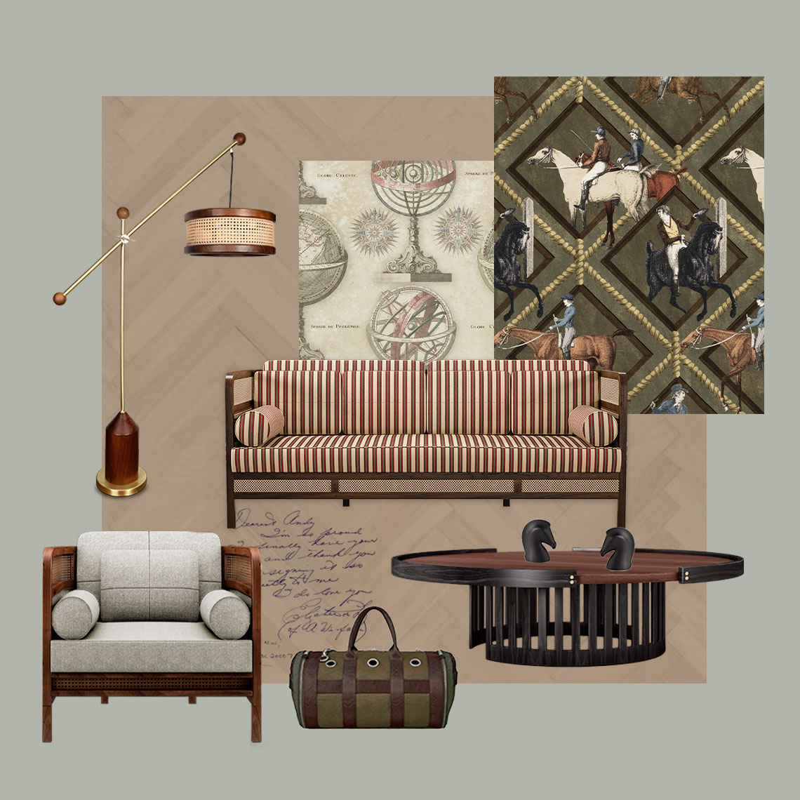 Moodboard featuring earth tones, with the Crockford sofa in striped fabric, Crockford armchair, Richard center table, and Hamilton floor lamp.