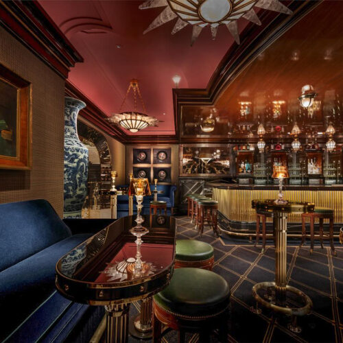 B Bar interior at the Wynn Casino featuring custom-made Willis bar tables by Porus Studio, exclusively designed for this project.