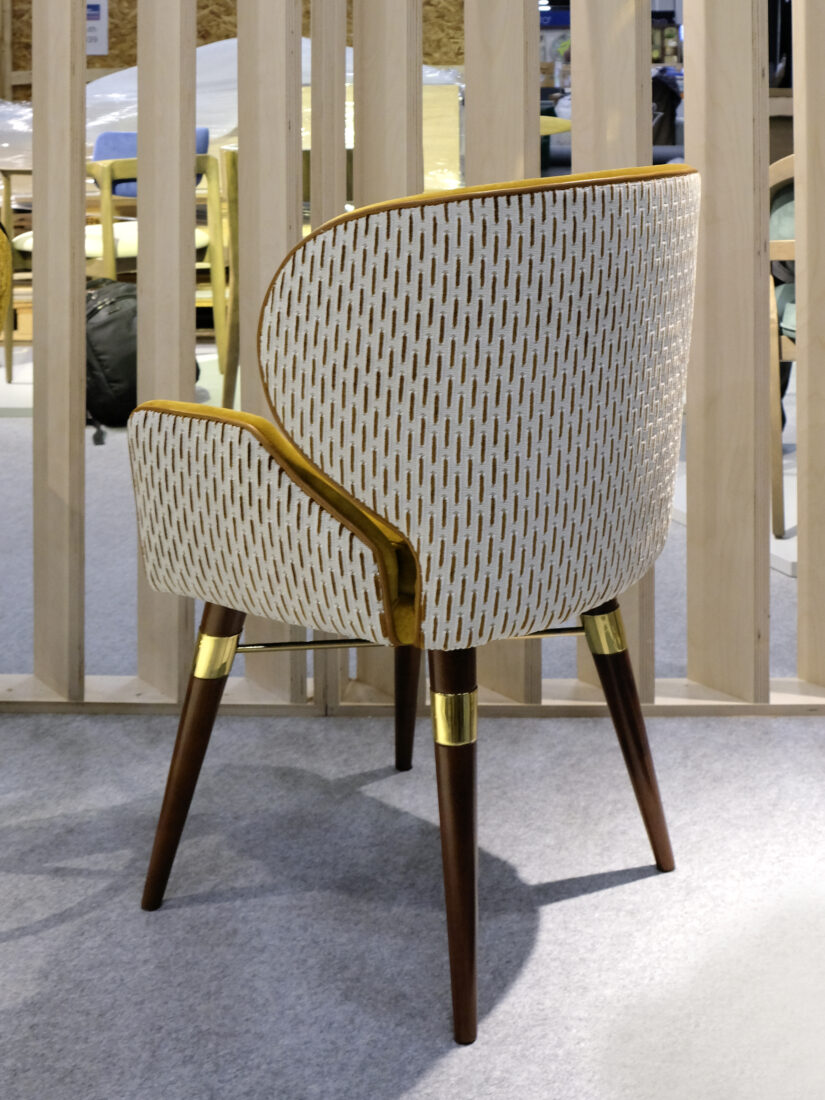 Louis I Dining Chair Louis I Dining Chair upholstered in yellow fabric with a white back, featuring a smoked walnut wood structure and brushed brass details