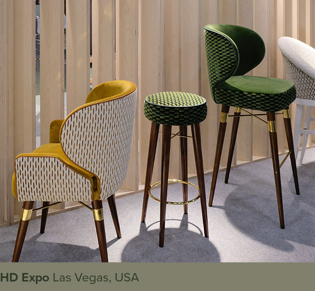 Louis Bar Chair, Louis I Dining Chair, and Louis Bar Stool displayed at HD Expo
