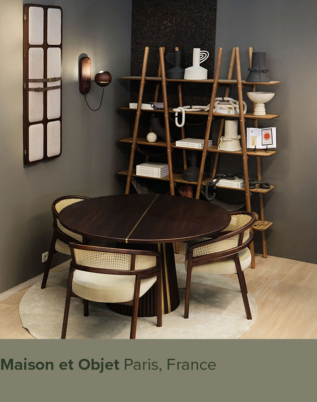 Spencer Dining Chair, Henry Dining Table, Blake Bookcase, and Fleming Wall Lamp on display at Maison & Objet.
