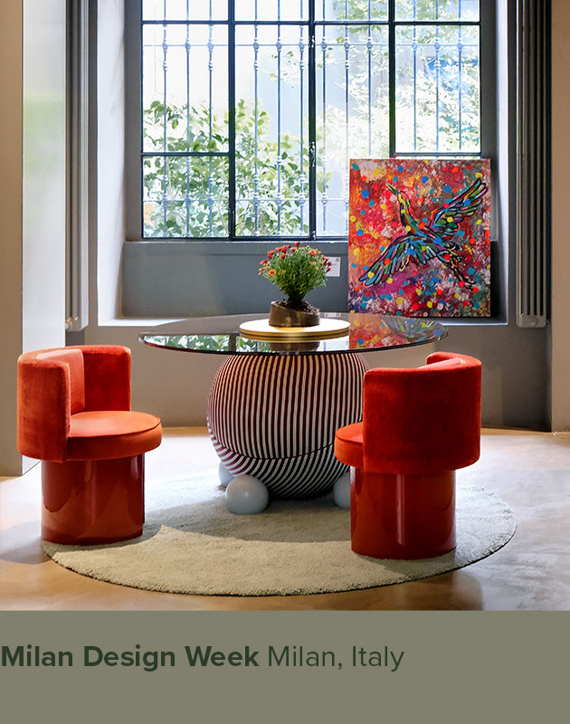 Myth Dining Chairs placed beside the Circulus Dining Table by Malabar, showcased at Milan Design Week.