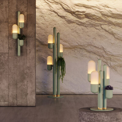 Cactus Wall, Floor, and Table Lamps lacquered in soft green, accompanied by various succulent plants, by Creativemary.