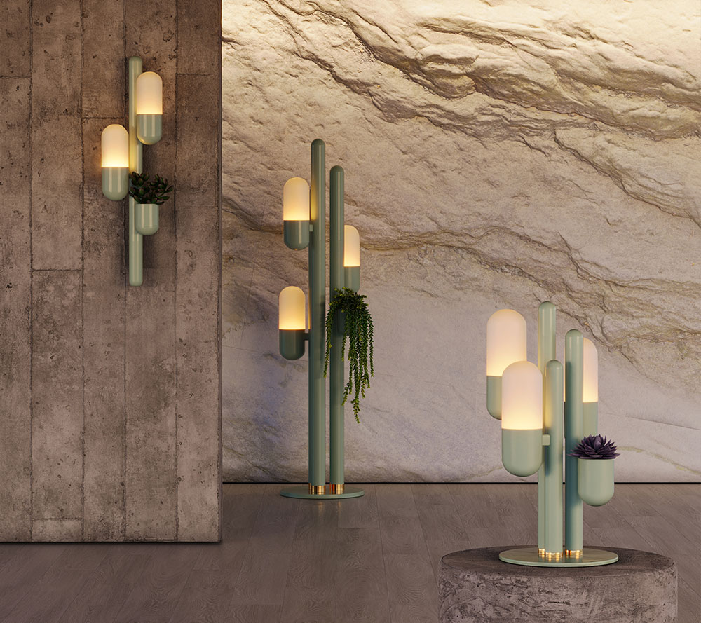 Cactus Wall, Floor, and Table Lamps lacquered in soft green, accompanied by various succulent plants, by Creativemary.