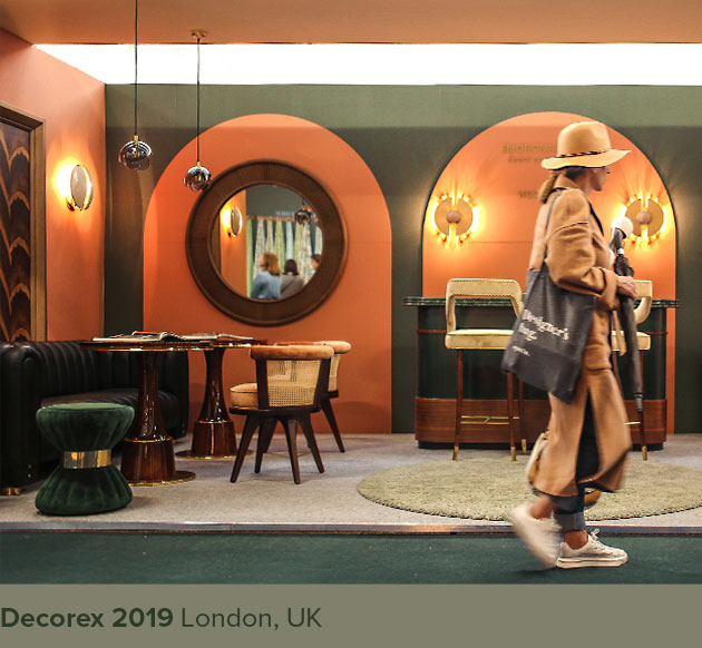 Showroom at Decorex featuring several pieces from Emotional Brands, showcasing a curated selection of furniture and lighting.